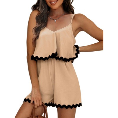 EXLURA Women's Summer Romper 2025 Spaghetti Strappy Ruffle Jumpsuit Halter Neck Pleated Outfits with Pockets