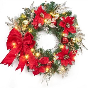 24 Inch Christmas Wreath with Lights for Front Door, Large Lighted Xmas Wreath with Red Gold Balls & Bow for Fireplace Window Indoor Outdoor Decor - 1 of 4