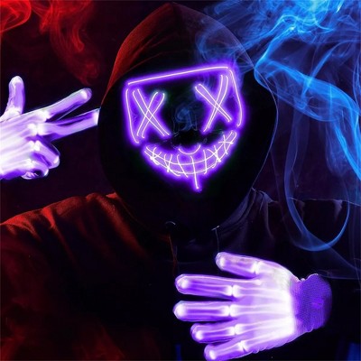 Joyfy Halloween Led Light Up Mask & Gloves for Halloween Cosplay Costume, 3 Modes Glow in The Dark Mask for Adult, Dress Up Party Accessories, Purple