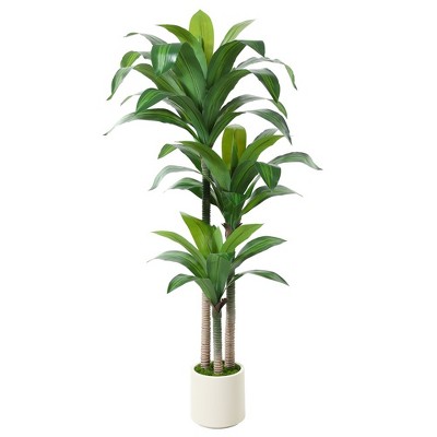 DR.Planzen 5-6FT Artificial Dracaena Tree with UV Resistant Leaves - Potted Fake Plant for Indoor/Outdoor Floor Decor, White Plastic Planter