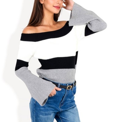 Anna-Kaci Women's Off-Shoulder Ribbed Knit Sweater with Color Block Design and Flared Sleeves