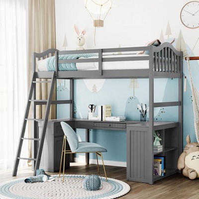 Twin Size Loft Bed with Built-in Desk and Drawers, Wooden Study Loft Bed Frame with Ladder and Shelves - ModernLuxe