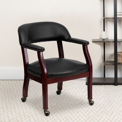 Black Vinyl and Wood Conference Chair with Brass Nail Trim