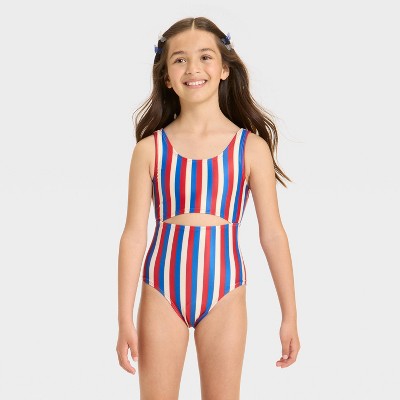 Girls' Striped One Piece Swimsuit - Cat & Jack™ Red/Blue/White