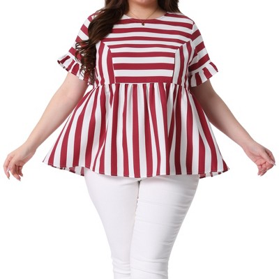 Agnes Orinda Women's Plus Size Stripe Ruffle Short Sleeve Crew Neck Loose Babydoll Blouses