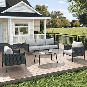 LayinSun 4 Piece Outdoor Furniture Set with Coffee Table, Modern Rope Woven Patio Conversation Sofa Set with Olefin - 1 of 4