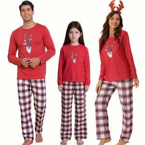 cheibear Christmas Elk Print Tops with Plaid Pants Xmas Sleepwear Family Pajama Set - 1 of 4