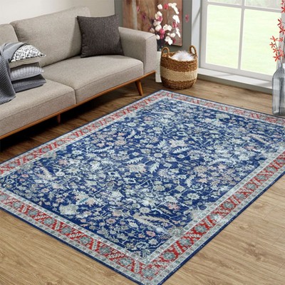 Washable Vintage Rug Non Slip Low Pile Rug Soft Throw Floor Cover Floral Foldable Indoor Carpet for Living Room Bedroom Playroom Nursery
