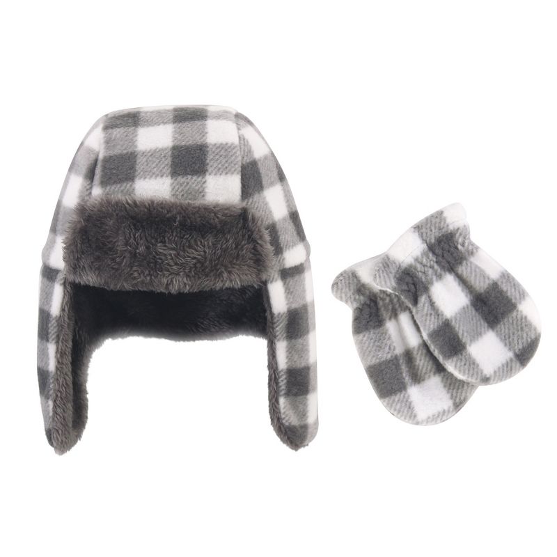 Hudson Baby Infant and Toddler Fleece Trapper Hat and Mitten 2pc Set, Charcoal White Plaid, 1 of 5