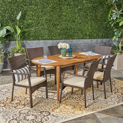  Stamford 7pc Acacia Wood & Wicker Patio Dining Set - Brown - Christopher Knight Home 