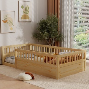 NicBex Kids Montessori Bed with Fence,Wood Floor Bed with High Guardrails Design,Twin/Full Size Toddler bed for Bedroom Playroom,White/Gray/Brown - 1 of 4