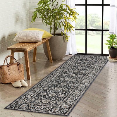 Washable Vintage Floral Area Rug - Non Slip Low Pile Boho Carpet for Living Room, Bedroom, Dining Room & Office