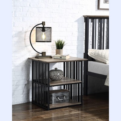 Vynxaria Antique Oak & Black Finish Nightstand ¨C Industrial Elegance