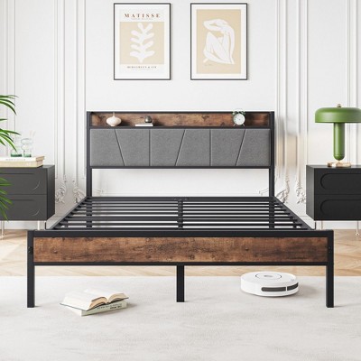 CAVINAS Platform Bed with Charging Station,Bed Frame with Storage Headboard,Box Spring Not Required,Brown/Black
