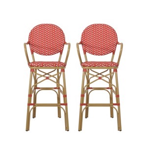 Christopher Knight Home 2pc Vande Wicker and Aluminum Outdoor Patio 29.5" French Barstools Red/White/Bamboo Print Finish - 1 of 4