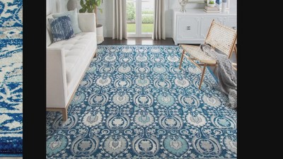 Blue and Ivory Floral High Pile Synthetic Area Rug 8' x 10'