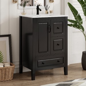 Lyngins 24" Freestanding Bathroom Vanity with Sink, Vintage Bathroom Storage Cabinet, Soft-Close Cabinet + 3 Drawers, Retro Metal Handles - 1 of 4