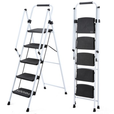Syemin Ladders Light Folding Stool with Wide Anti-Skid Pedal, Strong Steel Ladder, Multi-purpose Folding Portable Ladder, White, 45.4"*35"*62.6"