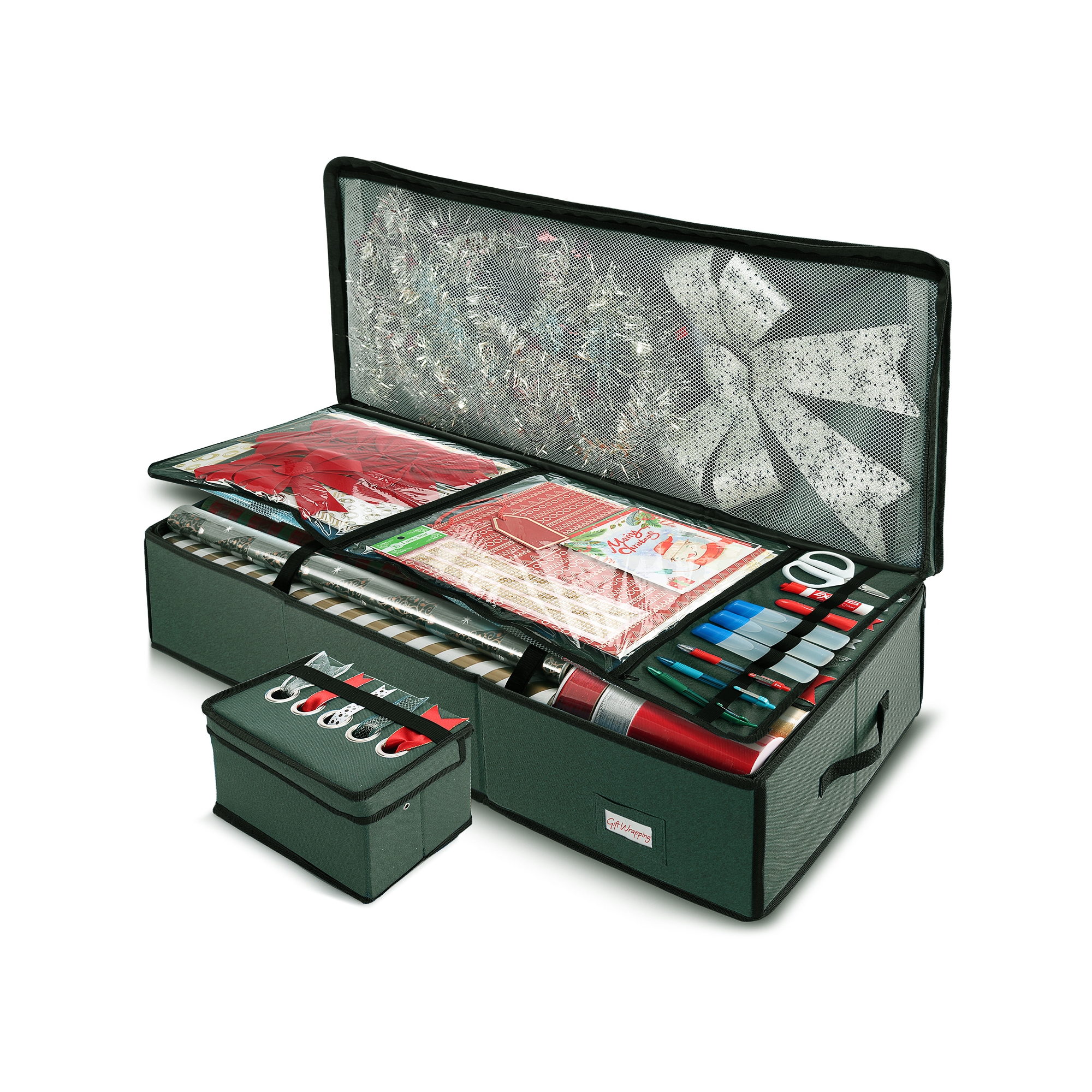 Hearth & Harbor Wrapping Paper Storage Container with Ribbon Storage Organizer - Christmas Gift Wrapping Organizer Storage with Extra Flap - Green