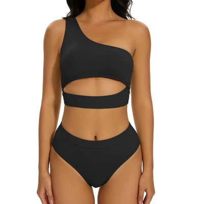 Women's 2025 Summer High Waisted Bikini Set One Shoulder Sleeveless Swimsuits 2 Piece Cutout Crop Top Beach Bathing Suit Solid Tummy Control Swimwear