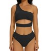 Women's 2025 Summer High Waisted Bikini Set One Shoulder Sleeveless Swimsuits 2 Piece Cutout Crop Top Beach Bathing Suit Solid Tummy Control Swimwear - 2 of 4