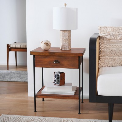 Eris Traditional Brown Wood and Black Metal Accent Table with Storage