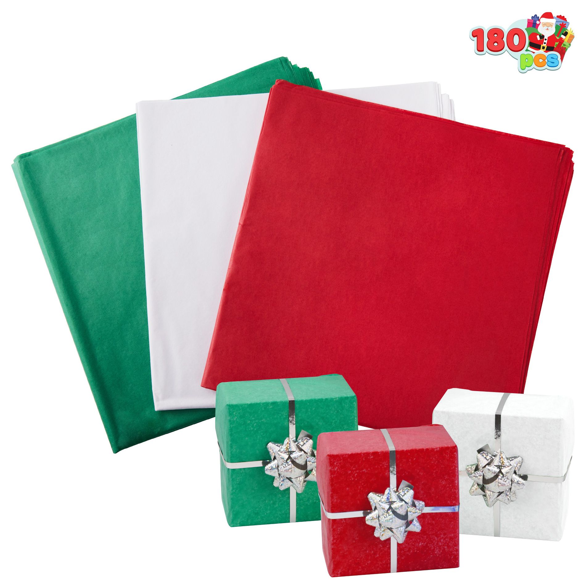 Joyfy 36/180 Sheets Christmas Tissue Paper (Red, Green & White), 20"x 20" Gift Wrapping Paper for Xmas Gift Bags DIY Gift Wrap Craft Decoration