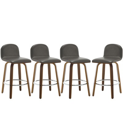 Bekrvio 26" Swivel Counter Height Bar Stools Set of 4 – Mid-Century Modern Upholstered PU Leather & Walnut Bentwood Legs, for Kitchen Island (Gray)