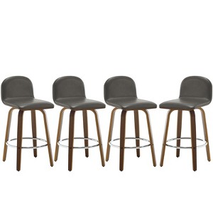 Bekrvio 26" Swivel Counter Height Bar Stools Set of 4 – Mid-Century Modern Upholstered PU Leather & Walnut Bentwood Legs, for Kitchen Island (Gray) - 1 of 4