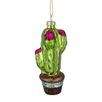 Northlight 4.75" Green and Pink Potted Cactus Glass Christmas Ornament