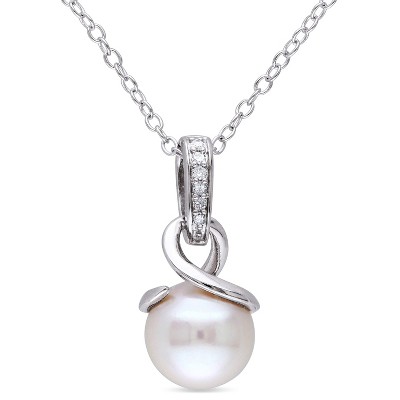 EVERLY JEWELRY | Sterling Silver 8-8.5mm Cultured Freshwater Pearl and Diamond Accent Twist Pendant with Chain, 18"