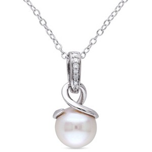 EVERLY JEWELRY | Sterling Silver 8-8.5mm Cultured Freshwater Pearl and Diamond Accent Twist Pendant with Chain, 18" - 1 of 4
