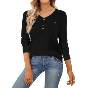 INSPIRE CHIC Women's Long Sleeve V Neck Button Decor Elegant Ribbed Knit Tops - 1 of 4