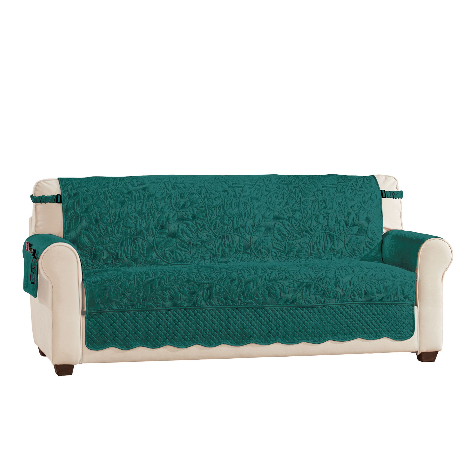 Collections Etc Quilted Textured Leaf Pattern Scalloped Edge Furniture Cover with Side Pockets Sofa Green
