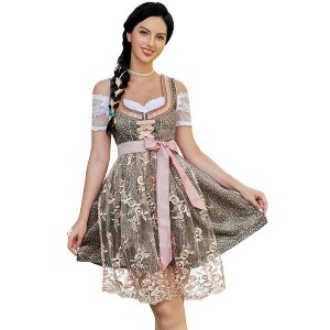 Women's Lace Embroidered 3-Piece Dress Costume Mini Dress White Off Shoulder Crop Top Pink Sheer Apron - 1 of 4