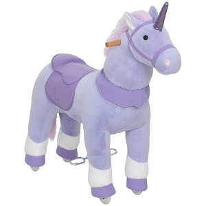 Qaba Ride on Unicorn Toy for Kids 4-7 Years, 37.8 Inch Plush Baby Rocking Horse, Mechanical Walking Animal with Wheels, No Batteries Required, Blue - 1 of 4