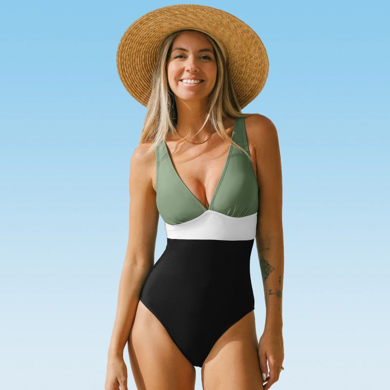 Women's Colorblock V-Neck One-Piece Swimsuit - Cupshe, 1 of 6