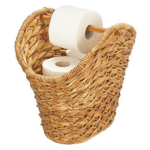 mDesign Rustic Farmhouse Rice Weave Hyacinth Toilet Paper Holder Basket -  Small Storage Organizer Tank Topper for Bathroom Counter or Top of Toilet -  Holds 6 Rolls of Toilet Paper - Natural/Tan