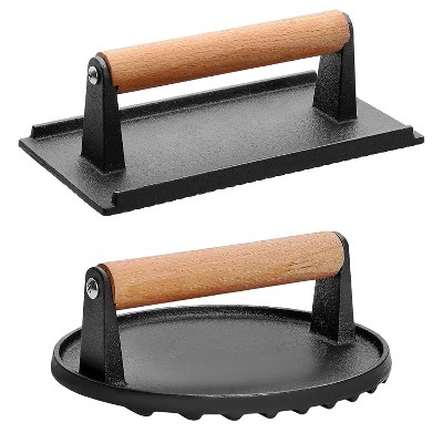 NewHome"2-Piece Cast Iron Grill Press Set with Wooden Handle - Round & Rectangular for Burgers, Bacon"Black