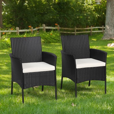 Black Rattan Outdoor Dining Chairs with Cushions, Set of 2