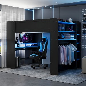 TIRAMISUBEST Full Size Loft Bed with height-adjustable Desk and Wardrobe, Wood Loft Bedframe with Ample Storage Space and RGB Light - 1 of 4