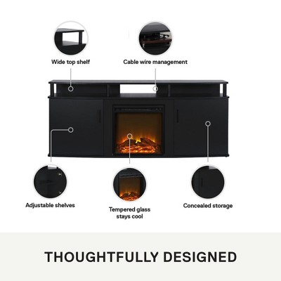 Black 70-Inch TV Stand with Electric Fireplace and Cabinets