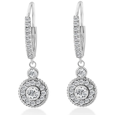 Pompeii3 F/G SI 3/4  Dangle Diamond Halo Vintage Hoops 18k White Gold 1" tall
