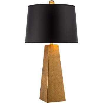 Possini Euro Design Obelisk Modern Table Lamp 26" High Gold Leaf Tapered Column Black Paper Drum Shade for Bedroom Living Room Bedside Nightstand Home