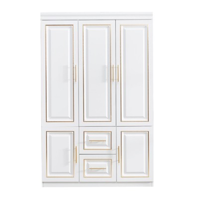 Keloyid White Wood 47.24 in. Armoire with 2 Drawers, 6 Shelves and Hanging Rods