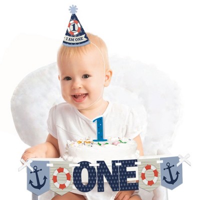 Big Dot of Happiness Ahoy - Nautical 1st Birthday - First Birthday Boy Smash Cake Decorating Kit - High Chair Decorations