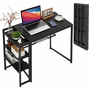 35" Folding Computer Desk, Home Office Desk with Storage Shelf, Space Saving Writing Sturdy Table for Home Office Bedroom, No Assembly - 1 of 4