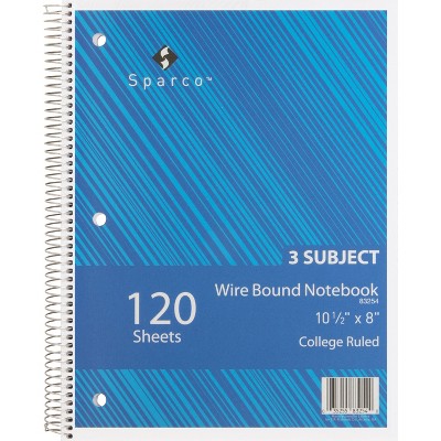 Sparco Notebooks 3 Subject 10-1/2"x8" College Ruled 120 Sht AST 83254