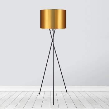 62.25" Kona Mid-Century Modern Tripod Floor Lamp with Drum Shade Gold/Black - Teamson Home