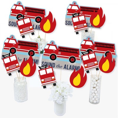 Big Dot of Happiness Fired Up Fire Truck - Firefighter Firetruck Baby Shower or Birthday Party Centerpiece Sticks - Table Toppers - Set of 15